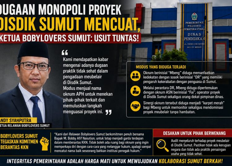 Dugaan Monopoli Proyek Disdik Sumut Mencuat, Ketua Bobylovers Sumut: Usut Tuntas!