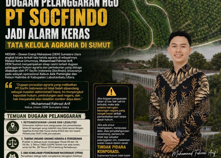 Dugaan Pelanggaran HGU PT Socfindo Jadi Alarm Keras Tata Kelola Agraria di Sumut