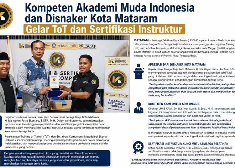 Kompeten Akademi Muda Indonesia dan Disnaker Kota Mataram Gelar ToT dan Sertifikasi Instruktur