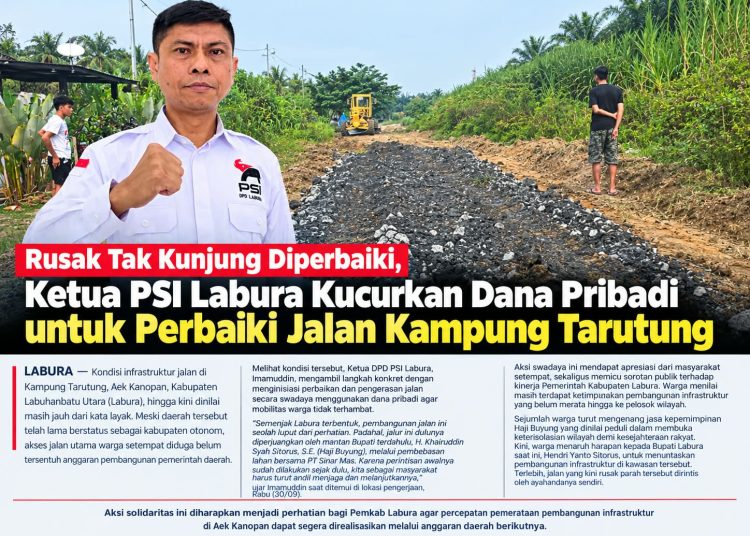 Rusak Tak Kunjung Diperbaiki, Ketua PSI Labura Kucurkan Dana Pribadi untuk Perbaiki Jalan Kampung Tarutung