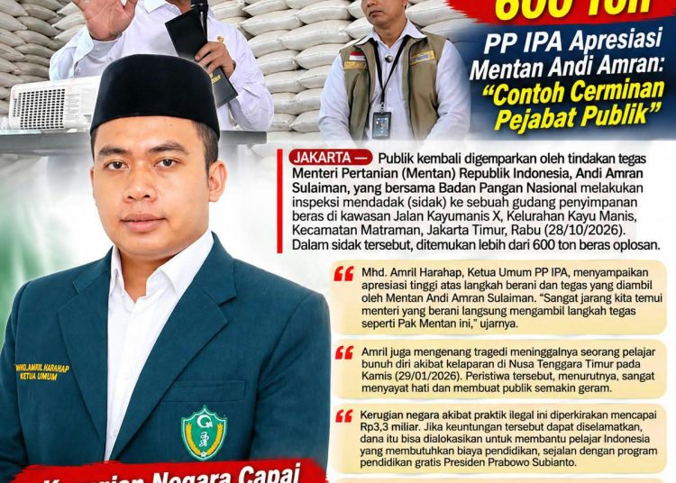 Bongkar Gudang Beras Oplosan 600 Ton, PP IPA Apresiasi Mentan Andi Amran: Contoh Cerminan Pejabat Publik